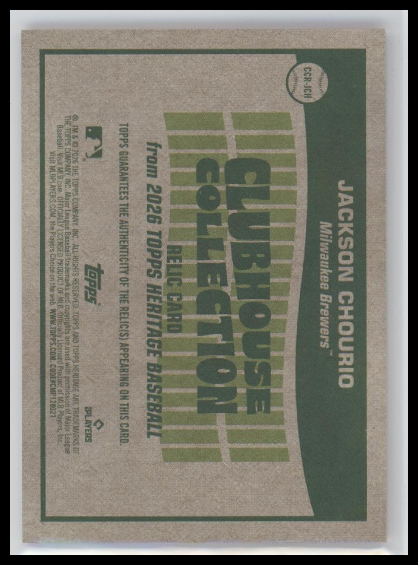 2026 Topps Heritage Clubhouse Collection Relics #/77 Jackson Chourio #CCR-JCH