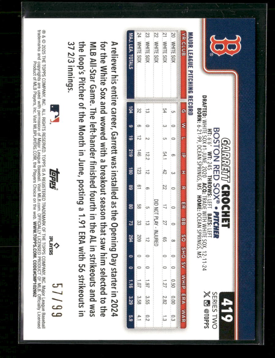 2025 Topps Green Sparkle #/99 Garrett Crochet #419