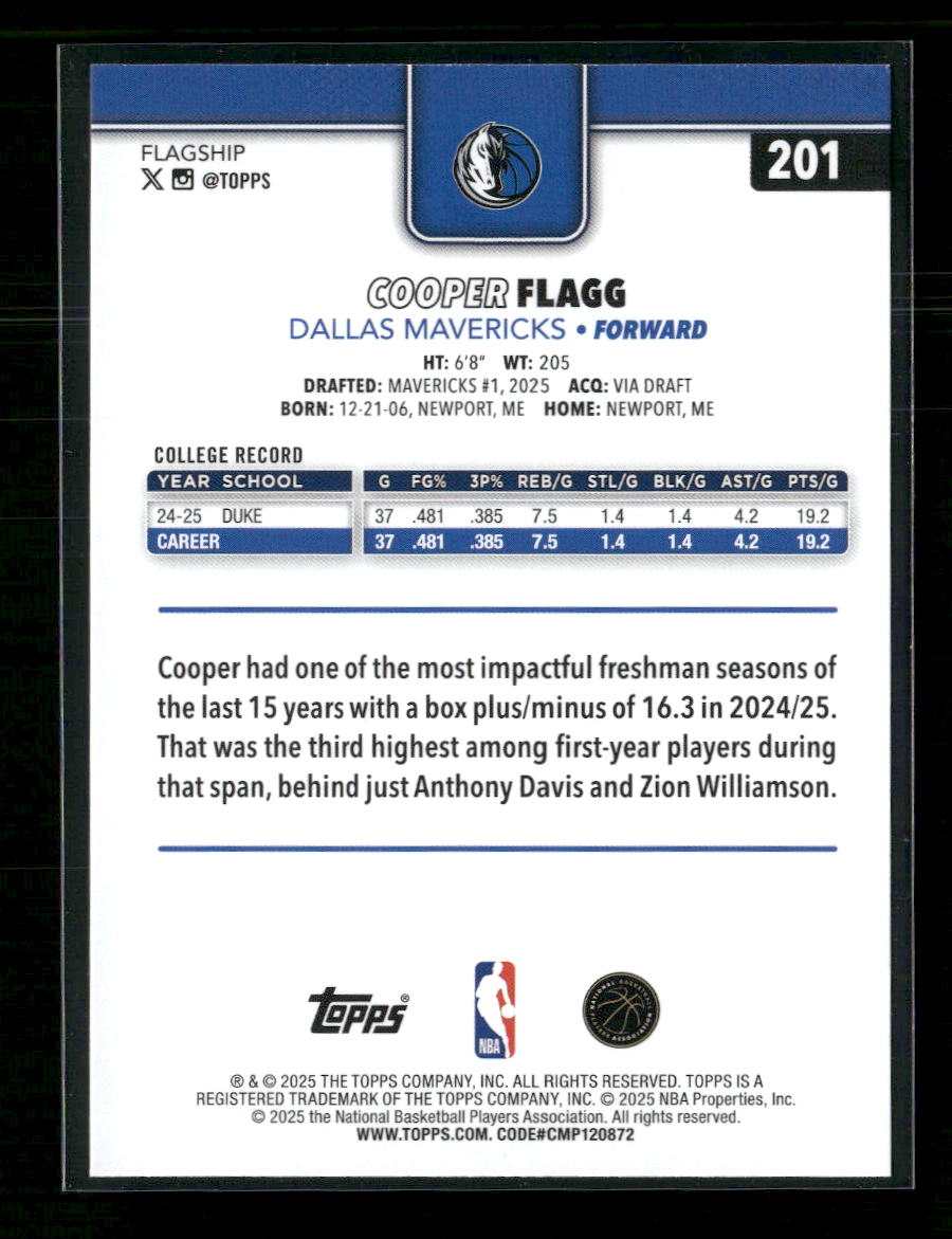 2025-26 Topps Cooper Flagg Rookie #201