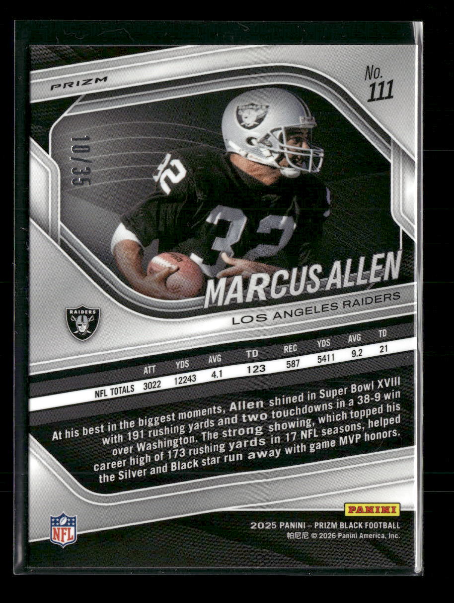 2025 Panini Prizm Black Prizms Blue Shimmer FOTL Marcus Allen #/35 #111
