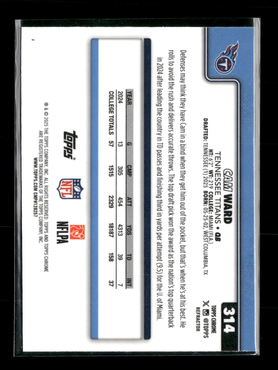 2025 Topps Chrome Silver Refractor Cam Ward Rookie #314