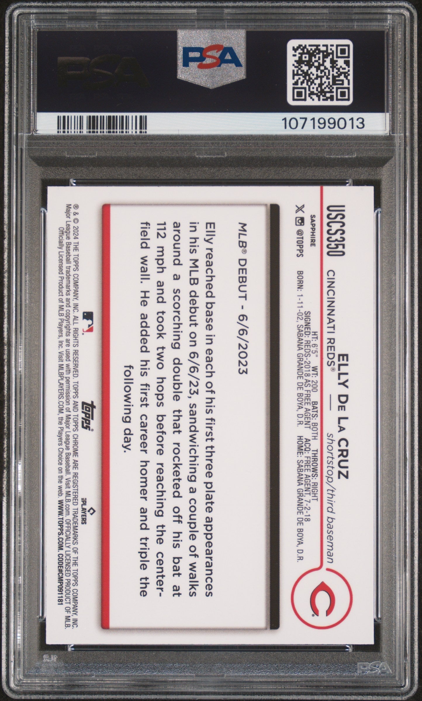 2024 Topps Chrome Sapphire Update Series Elly De La Cruz 10 PSA #350