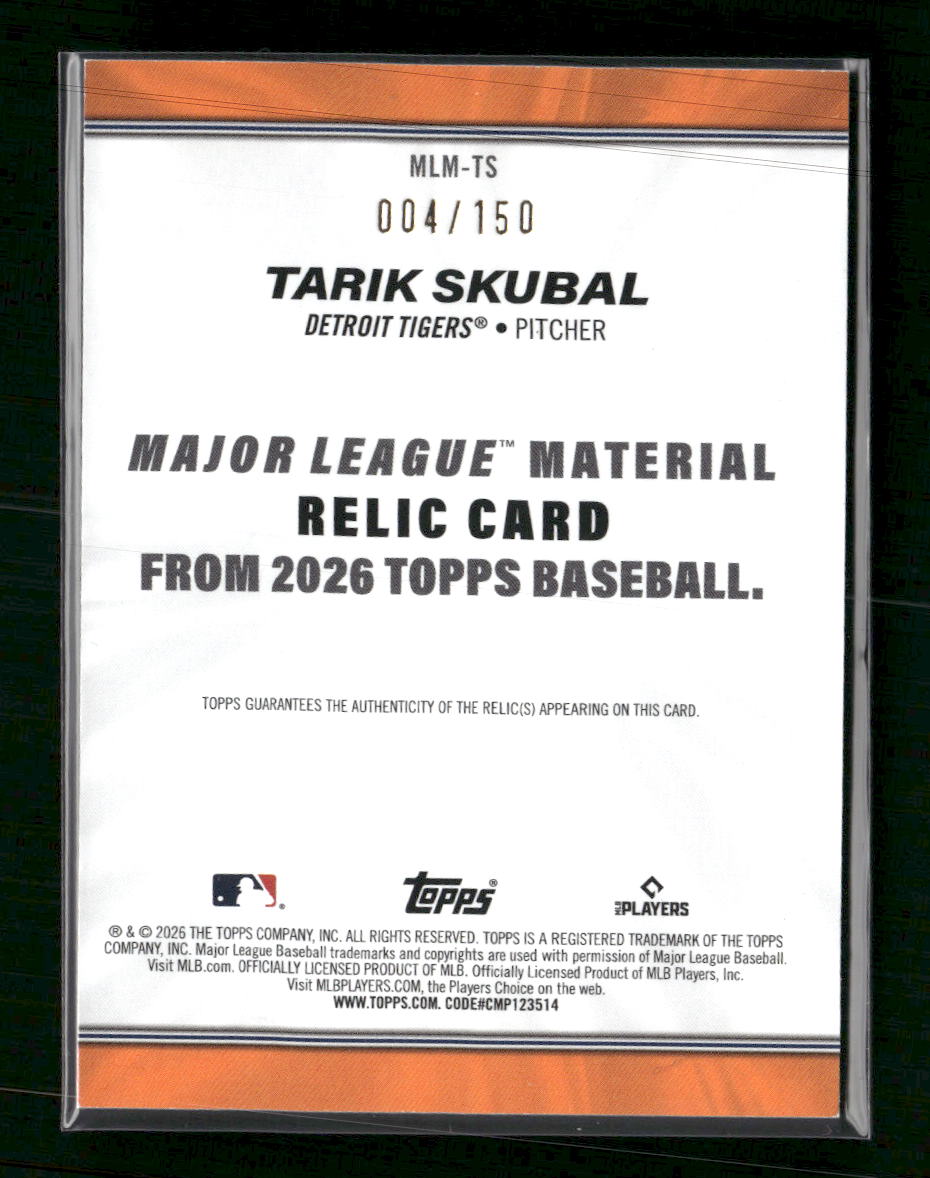 2026 Topps Major League Materials Relics Blue Tarik Skubal #/150 #MLM-TS