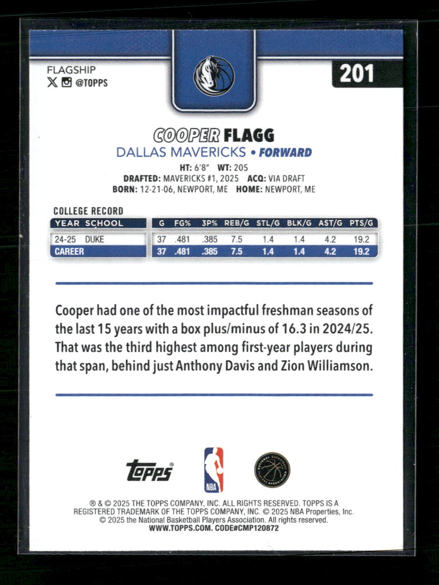 2025-26 Topps Cooper Flagg Rookie #201