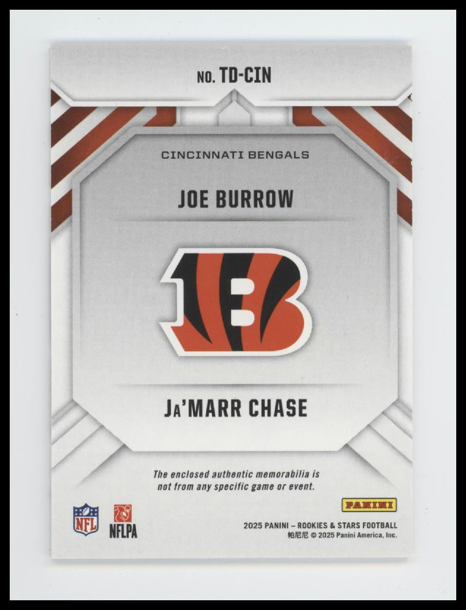 2025 Panini Rookies & Stars Team Duals Ja'Marr Chase / Joe Burrow #TD-CIN