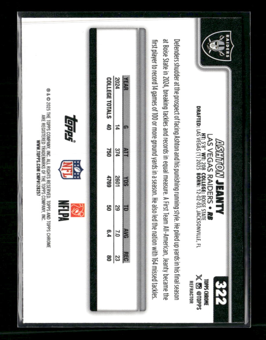 2025 Topps Chrome Refractor Ashton Jeanty Rookie #322