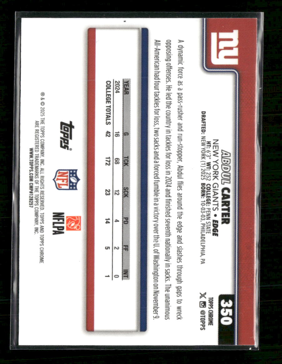 2025 Topps Chrome Football Leather Abdul Carter Rookie #350