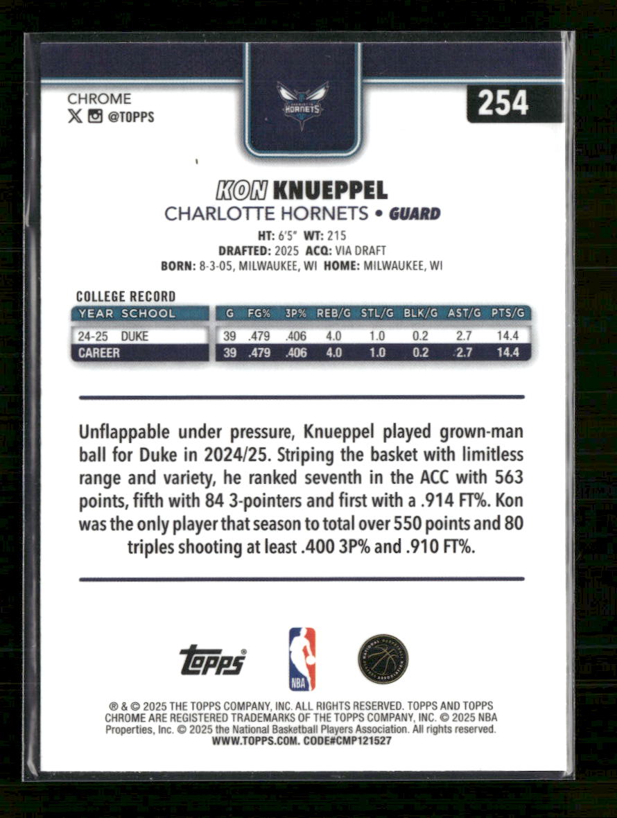 2025-26 Topps Chrome Kon Knueppel Rookie #254