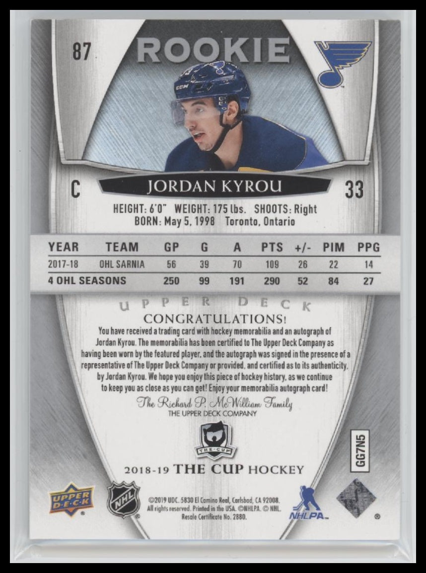 2018-19 Upper Deck The Cup Jordan Kyrou Rookie #/249 Auto #87