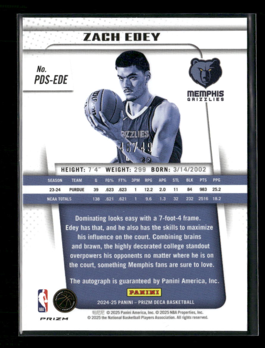 2024-25 Panini Prizm Deca Signatures Blue Zach Edey #/49 Auto #PDS-EDE