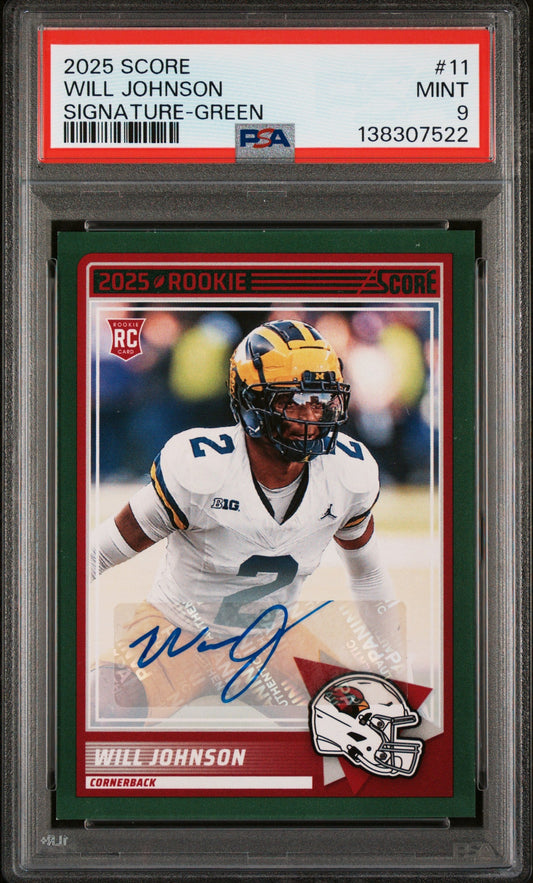 2025 Panini Score Rookie-Signature-Green Will Johnson 9 PSA #11