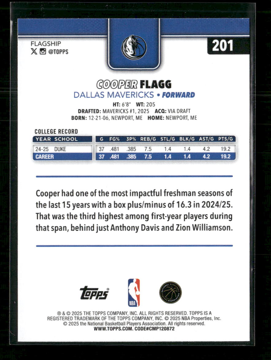 2025-26 Topps Cooper Flagg Rookie #201