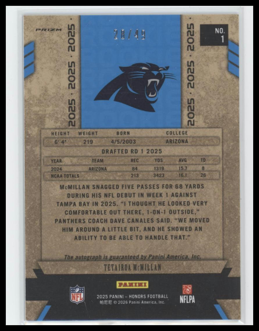 2025 Panini Honors Blue Auto #49 Tetairoa McMillan #1