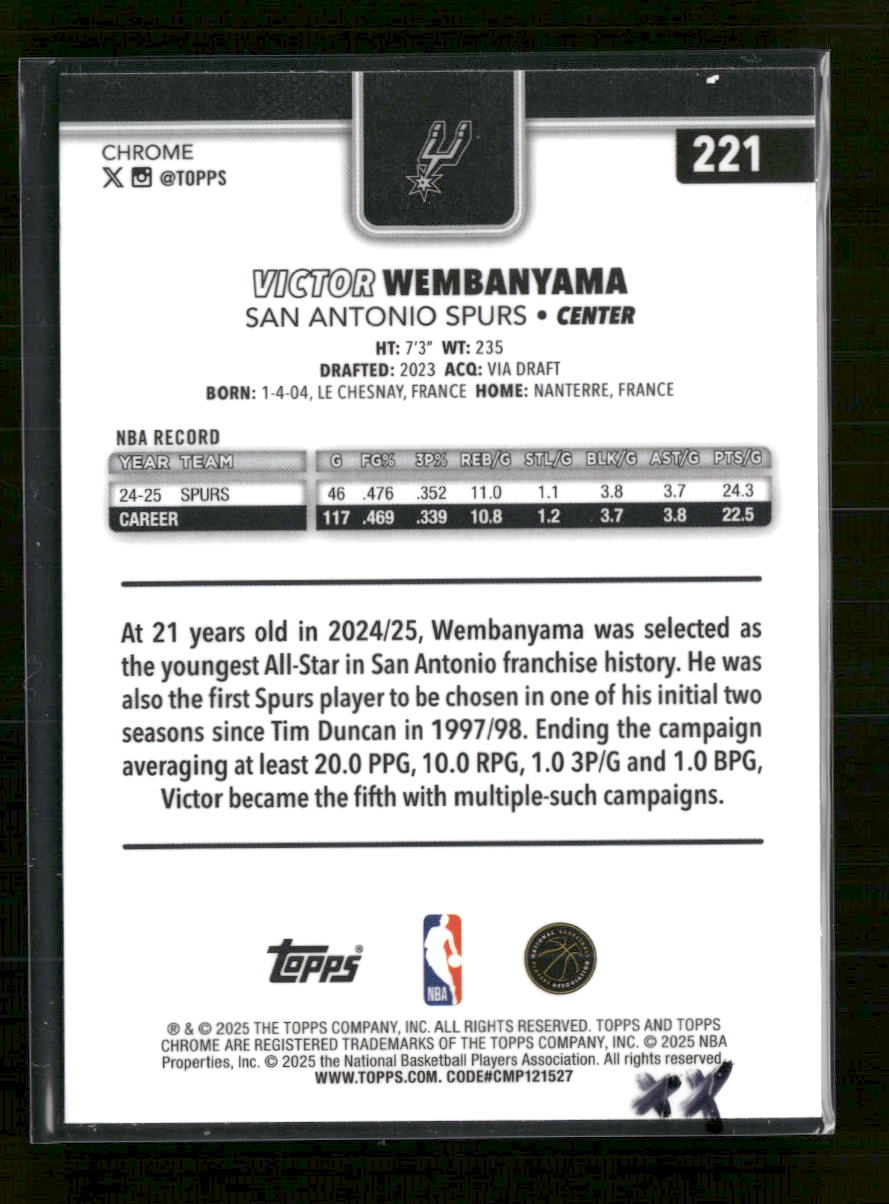 2025-26 Topps Chrome X-Fractor Victor Wembanyama #221