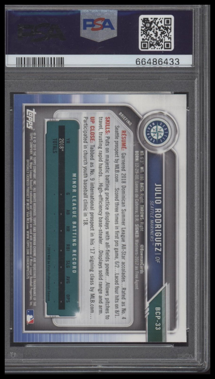2019 Bowman Prospects Chrome Prospects Chrome Julio Rodriguez 10 PSA #33