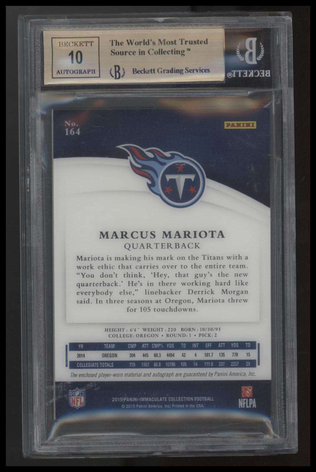 2015 Immaculate Acetate Rookie Patch Auto Marcus Mariota/8 9.5 BGS #164