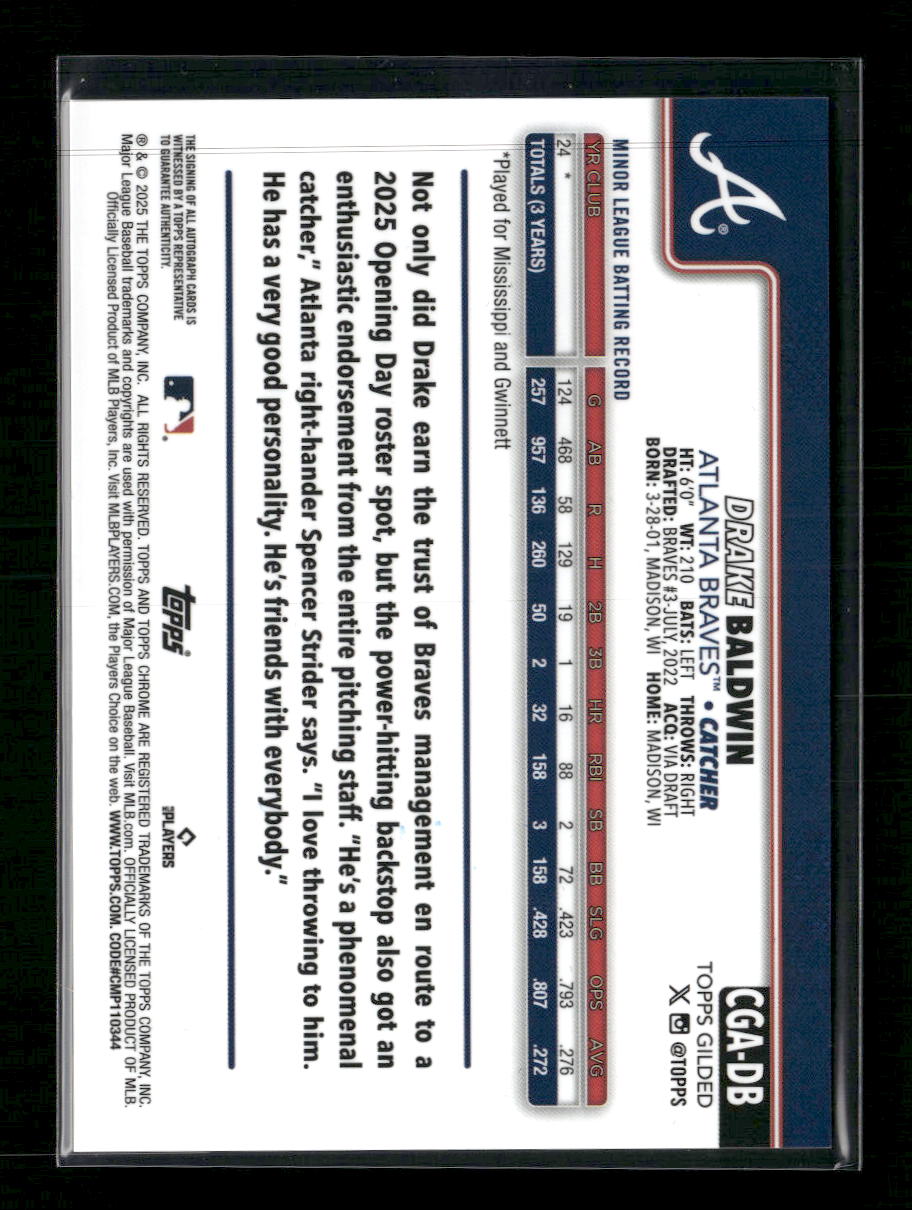 2025 Topps Gilded Collection Autographs Drake Baldwin #/99 Auto #CGA-DB