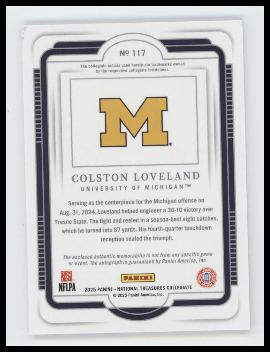 2025 Panini National Treasures Collegiate Blue Colston Loveland #/49 Auto #117