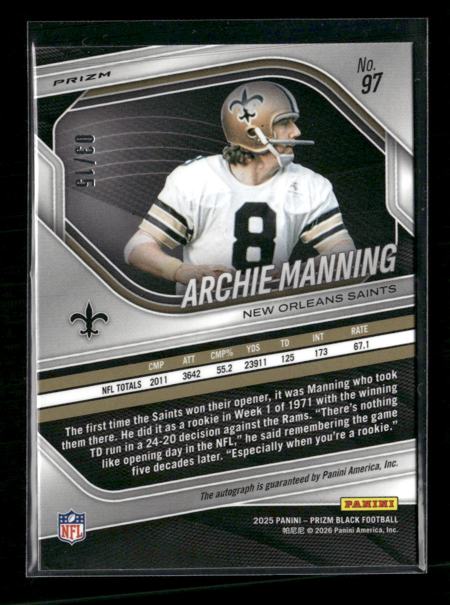 2025 Panini Prizm Black Blue Shimmer Auto #/15 Archie Manning #97