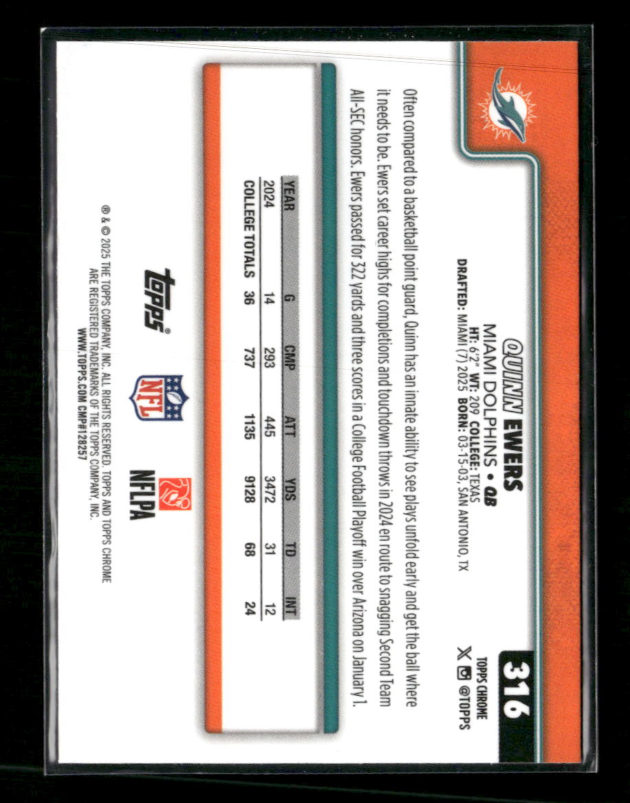 2025 Topps Chrome Football Leather Refractor Quinn Ewers Rookie #316