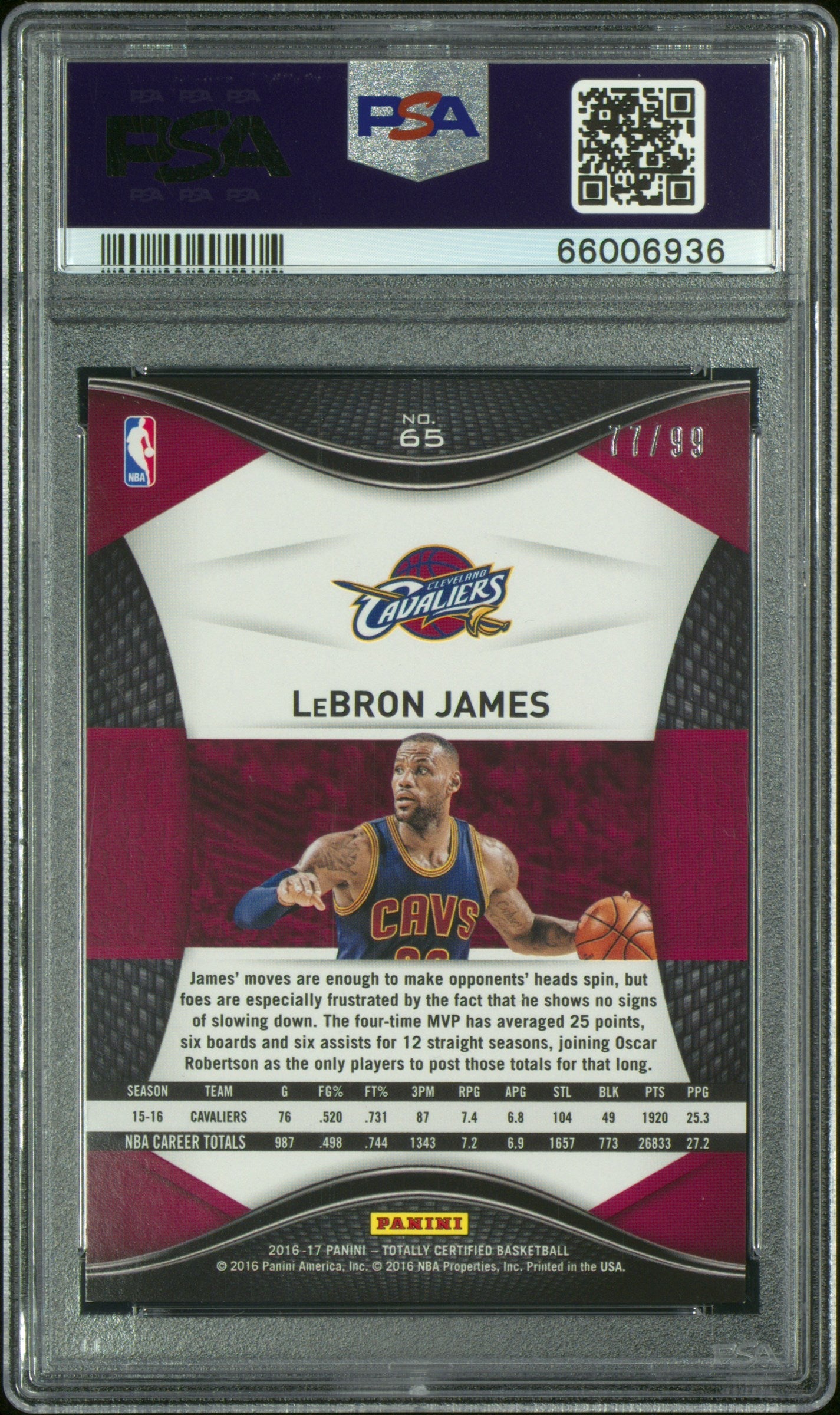 2016 Panini Totally Certified Blue Lebron James 8 PSA #65