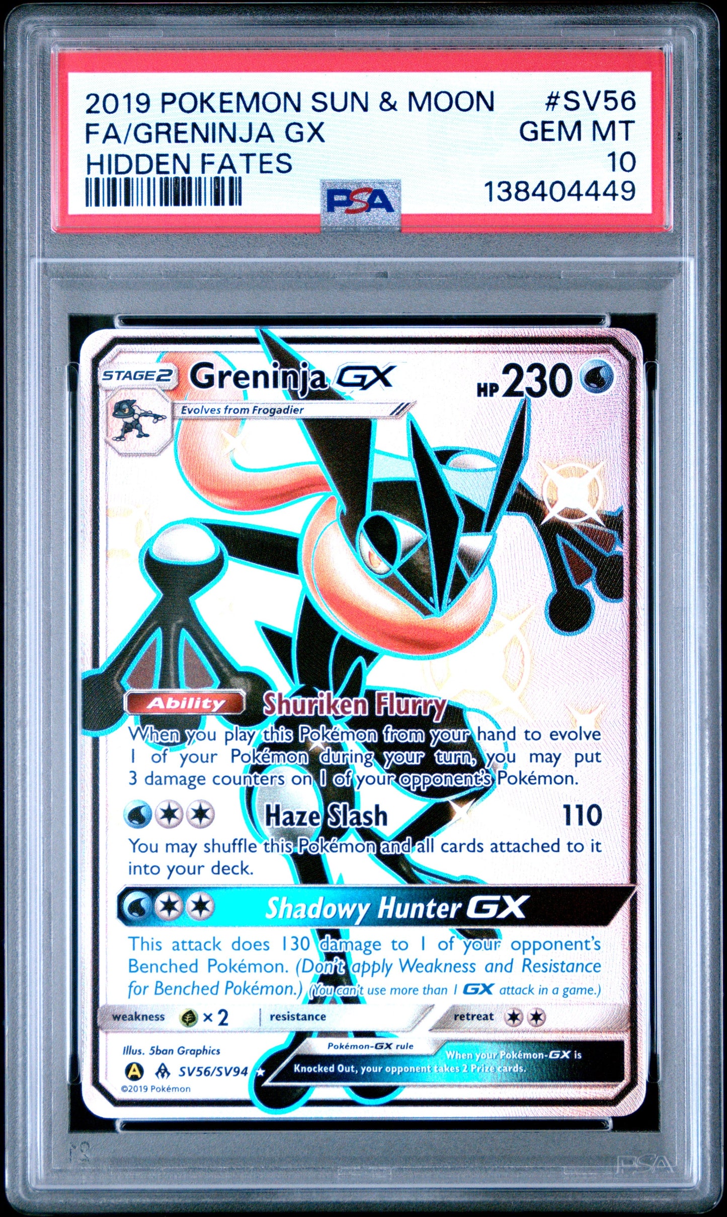 2019 Pokemon Sun & Moon Hidden Fates Hidden Fates Fa/Greninja Gx 10 PSA #SV56